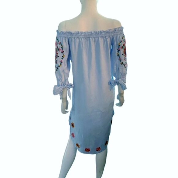 Zara Light Blue Linen Floral Embroidered Dress Small - Picture 2 of 7